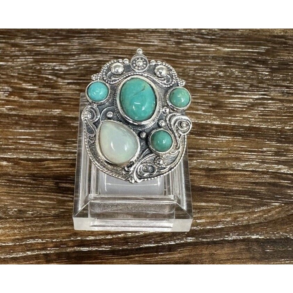 Large Southwest Style Sterling Silver Turquoise & Ethiopian Opal Ring Sz 6.75